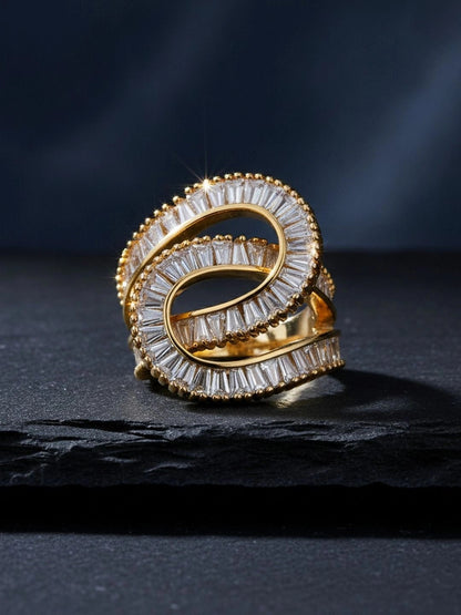 Sculptural Triple Spiral Baguette Gold Statement Diamond Ring
