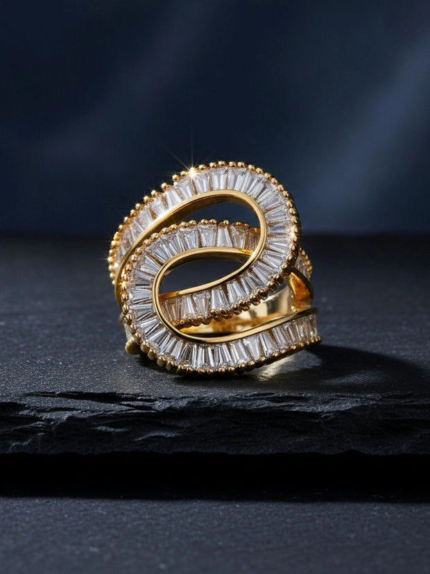 Sculptural Triple Spiral Baguette Gold Statement Diamond Ring