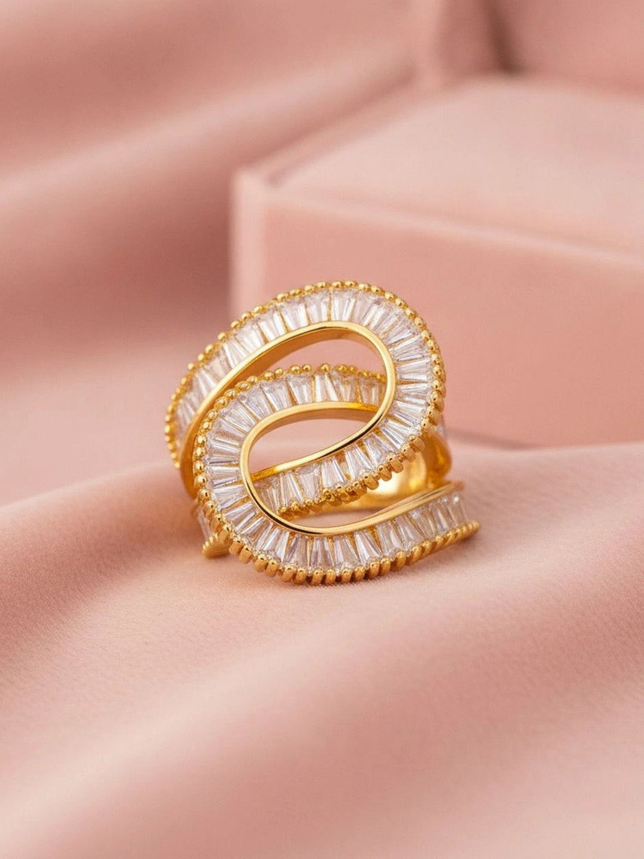 Sculptural Triple Spiral Baguette Gold Statement Diamond Ring