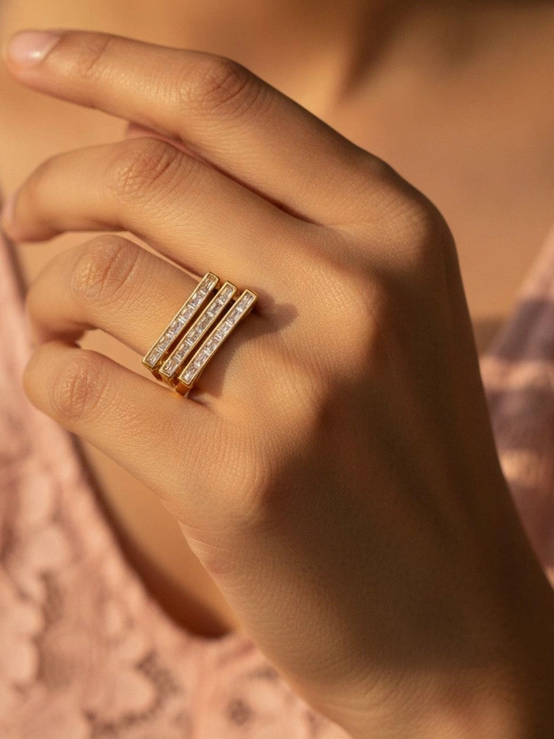 Modern Triple-Layer Pave Geometric Statement Diamond Ring