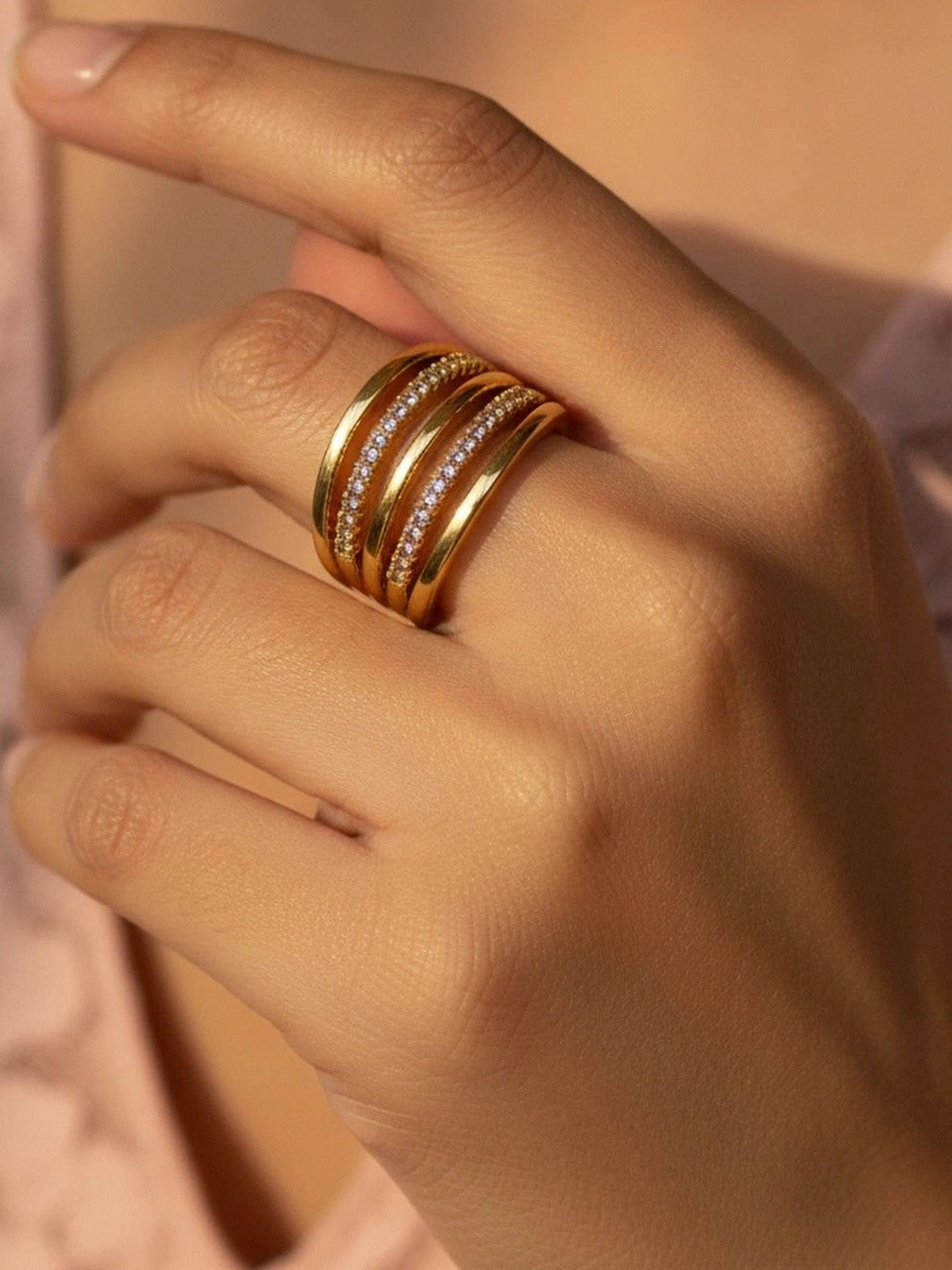 Layered Five-Row Pave & Polished Stackable Diamond Cuff Ring