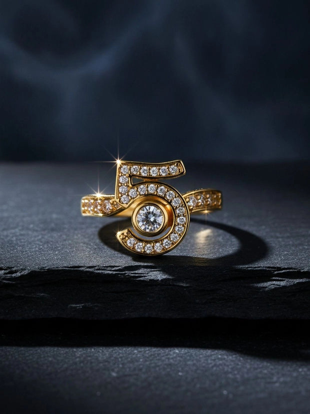 Pave Number Five Solitaire Statement Diamond Ring