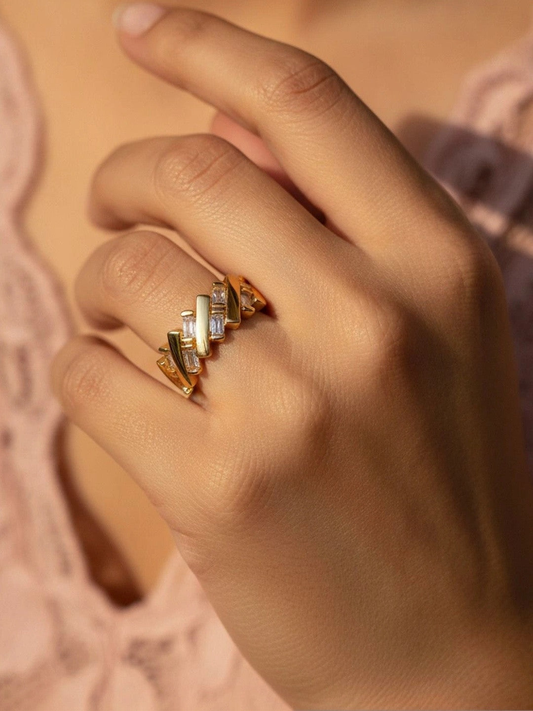 Architectural Baguette Segment Adjustable Diamond Cuff Ring