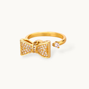 Glam Pave Bow Adjustable Solitaire Diamond Gold Ring