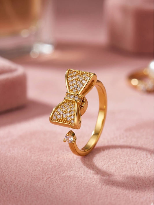 Glam Pave Bow Adjustable Solitaire Diamond Gold Ring