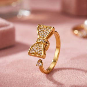 Glam Pave Bow Adjustable Solitaire Diamond Gold Ring