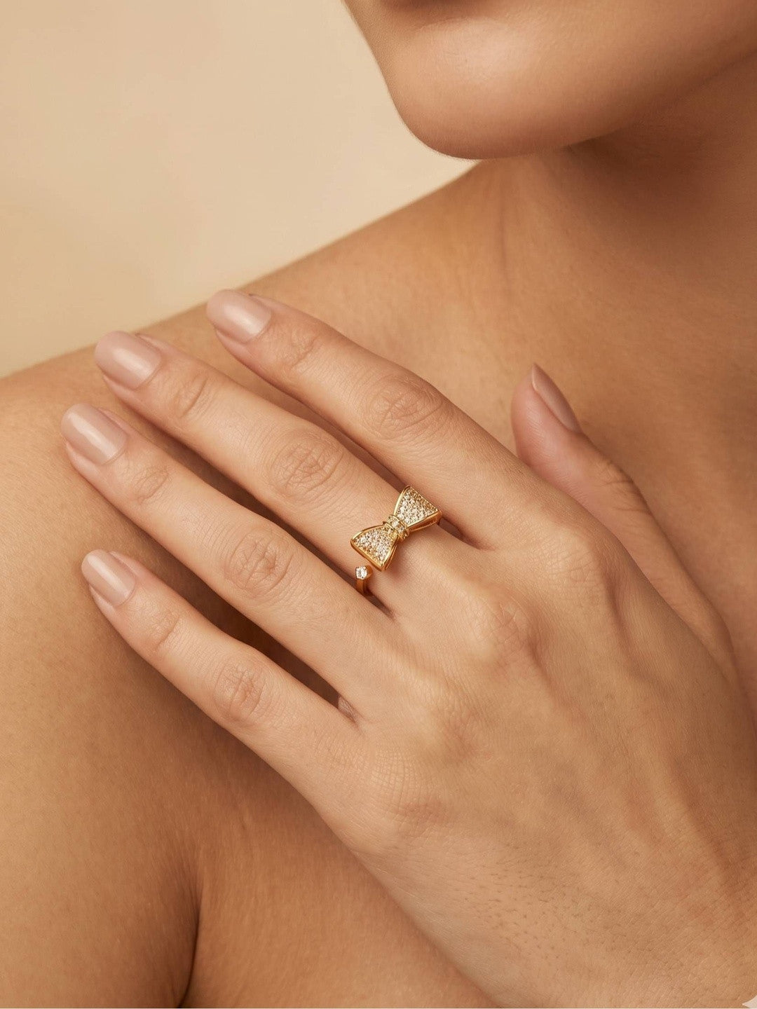Glam Pave Bow Adjustable Solitaire Diamond Gold Ring