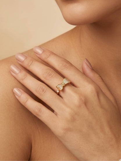 Glam Pave Bow Adjustable Solitaire Diamond Gold Ring