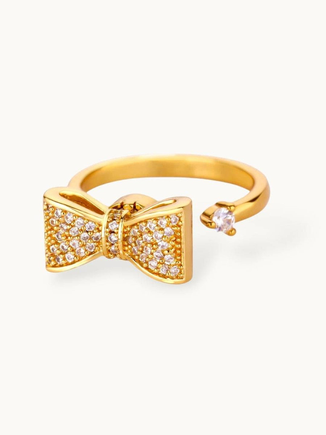 Glam Pave Bow Adjustable Solitaire Diamond Gold Ring