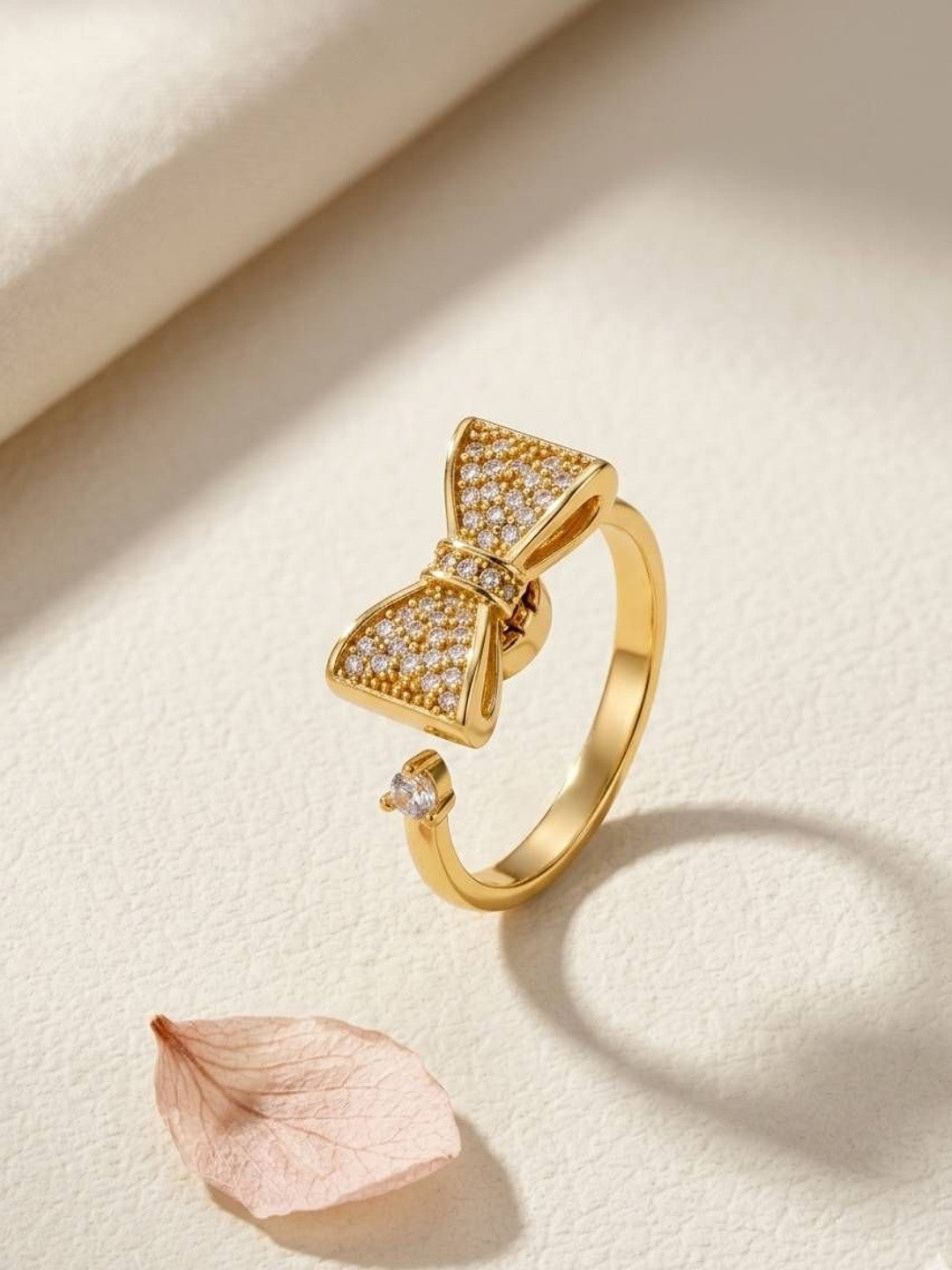Glam Pave Bow Adjustable Solitaire Diamond Gold Ring