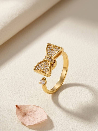 Glam Pave Bow Adjustable Solitaire Diamond Gold Ring