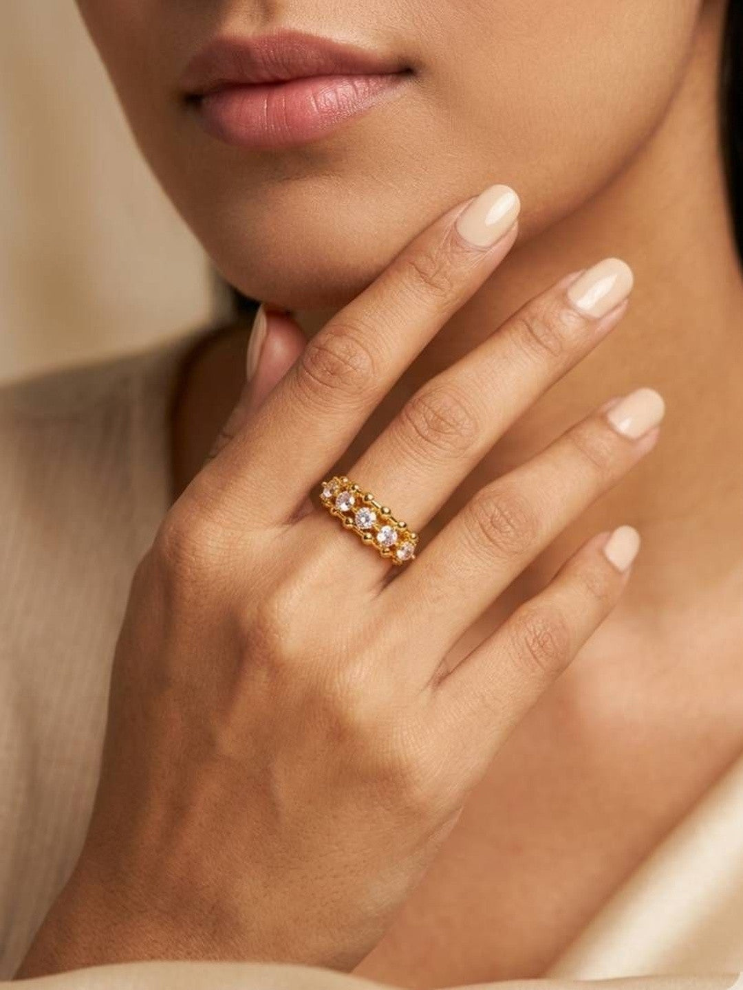 Beaded Pave Five-Stone Row Stackable Diamond Ring