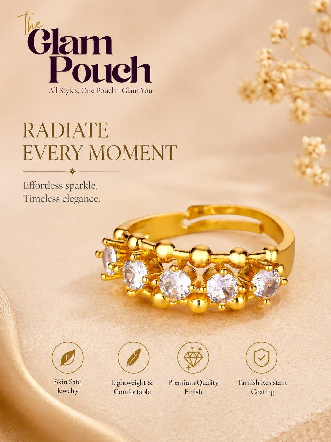 Beaded Pave Five-Stone Row Stackable Diamond Ring