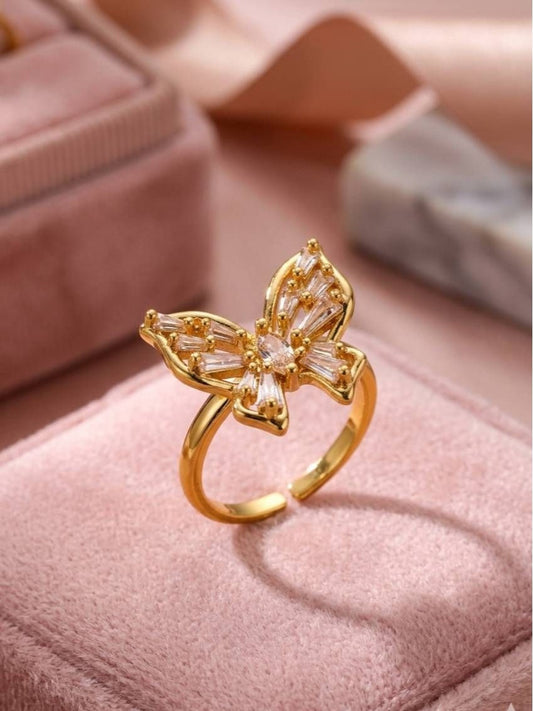 Baguette Pave Butterfly Adjustable Gold Plated Diamond Ring