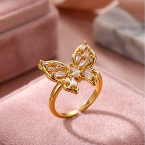Baguette Pave Butterfly Adjustable Gold Plated Diamond Ring