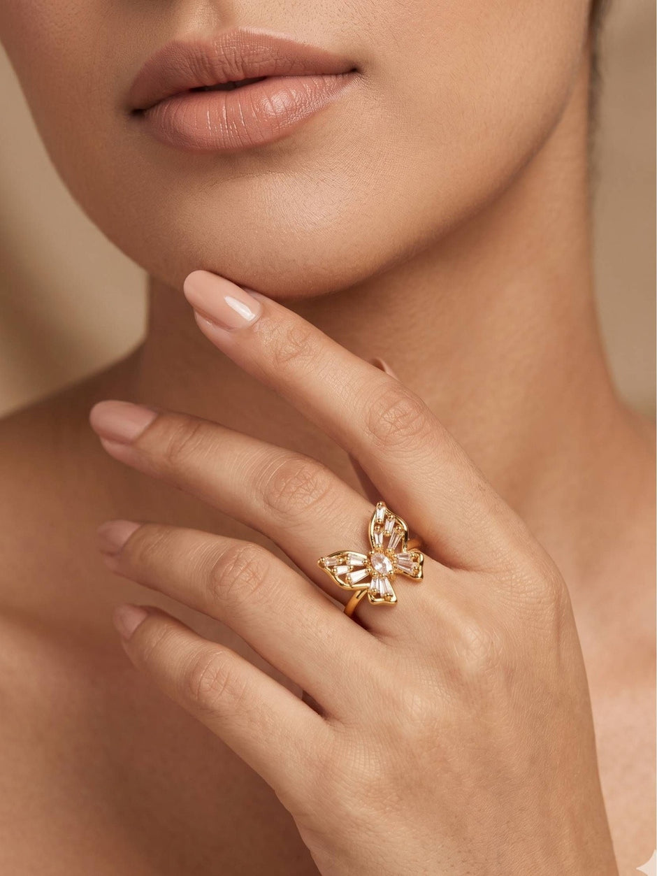 Baguette Pave Butterfly Adjustable Gold Plated Diamond Ring