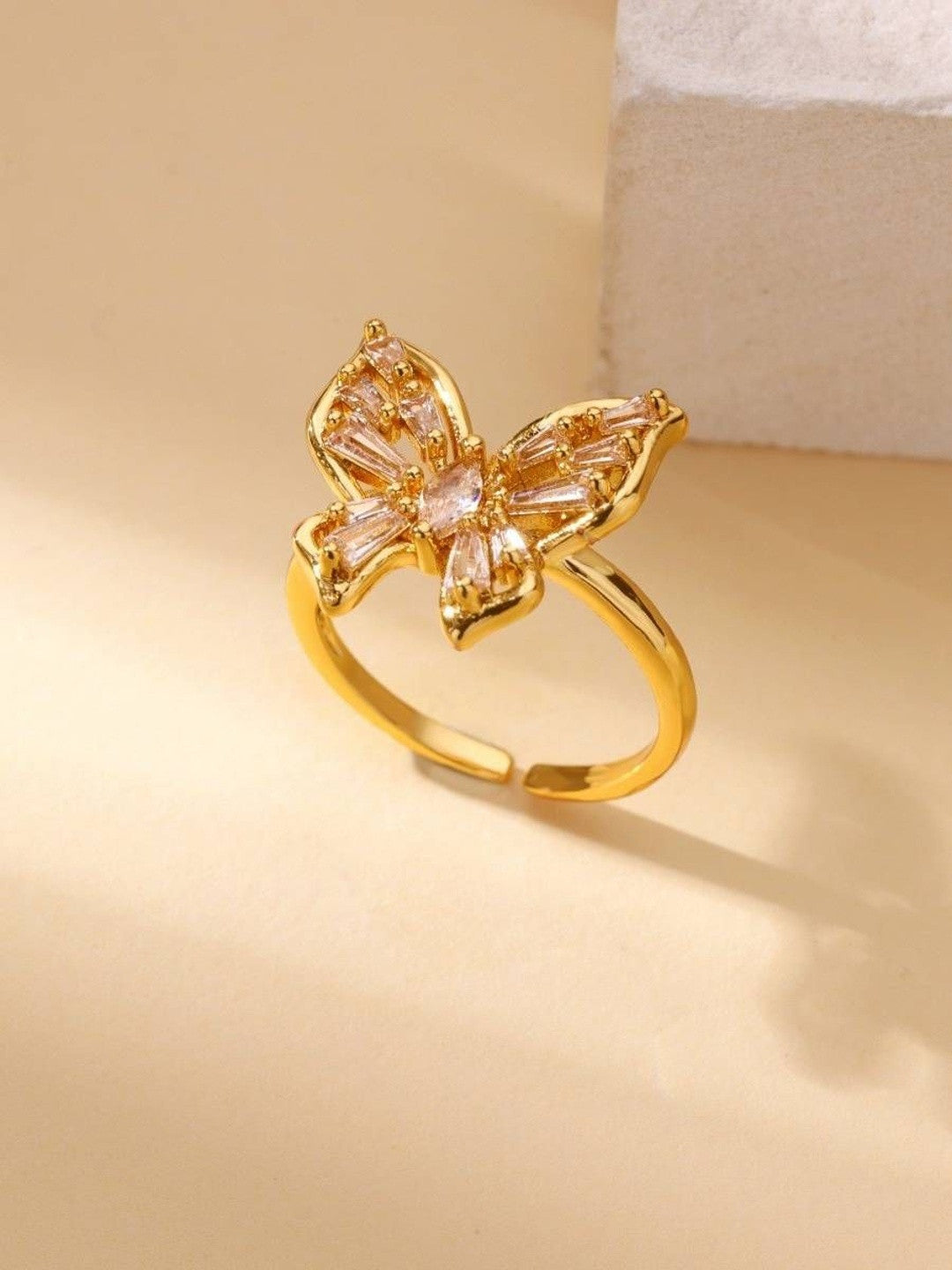 Baguette Pave Butterfly Adjustable Gold Plated Diamond Ring