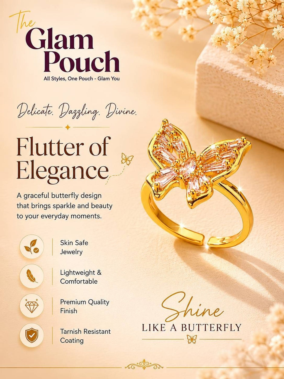 Baguette Pave Butterfly Adjustable Gold Plated Diamond Ring