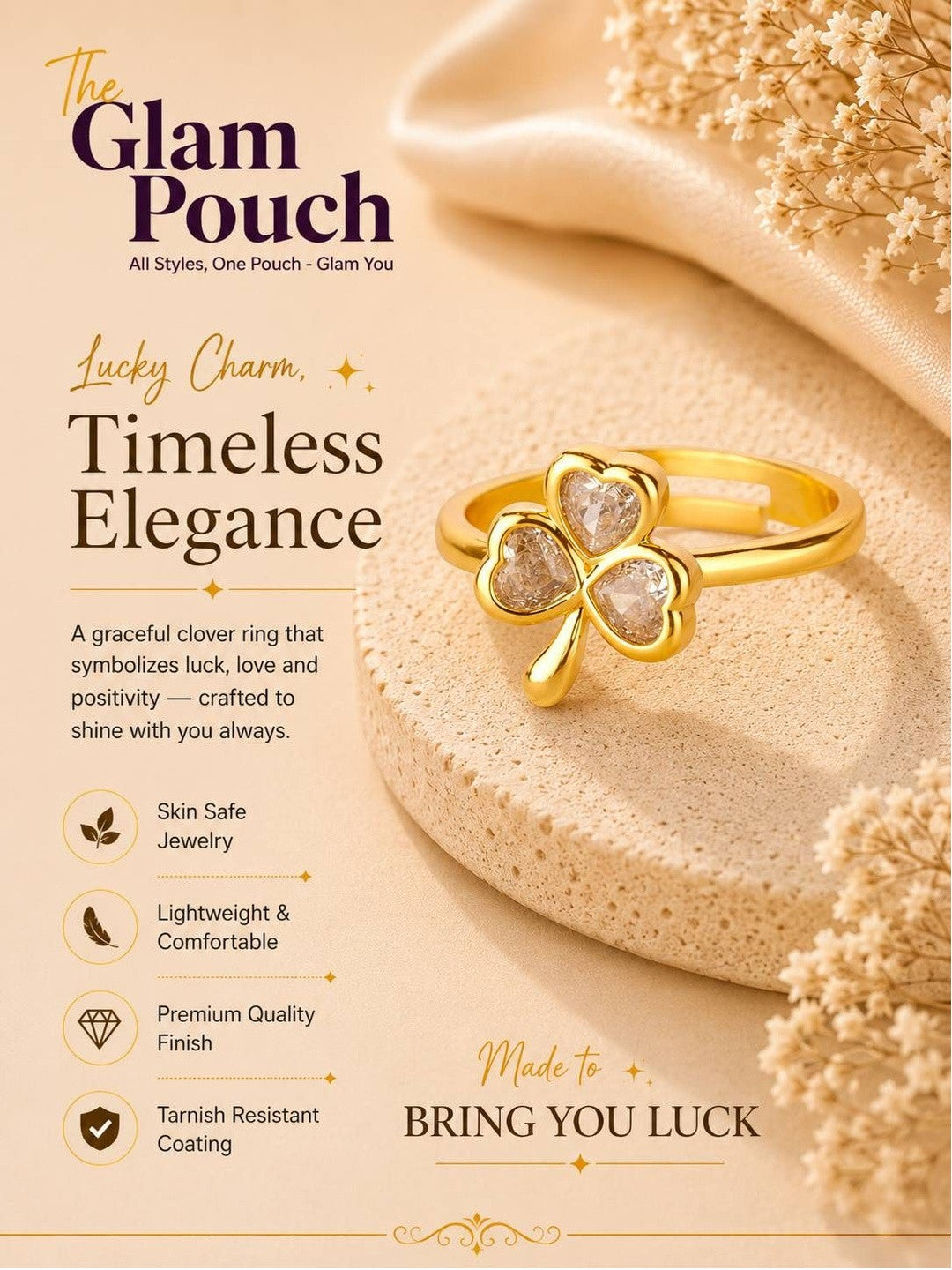 Lucky Clover Pave Heart Adjustable Diamond Ring
