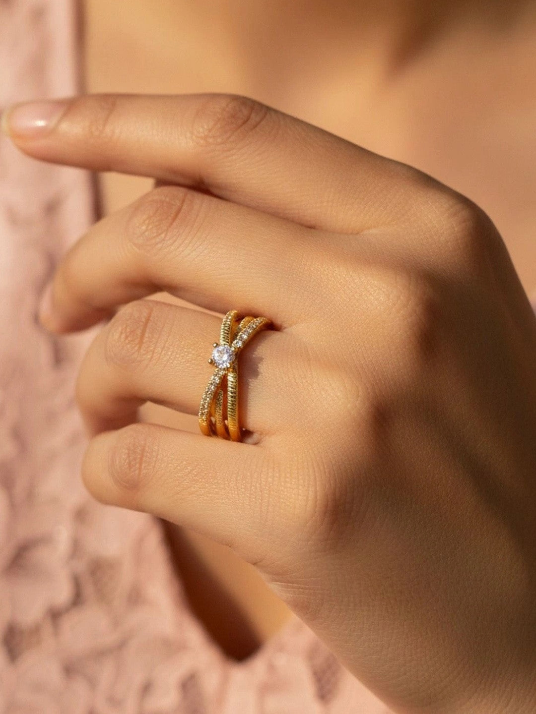 Layered Pave Crossover Textured Stackable Diamond Ring