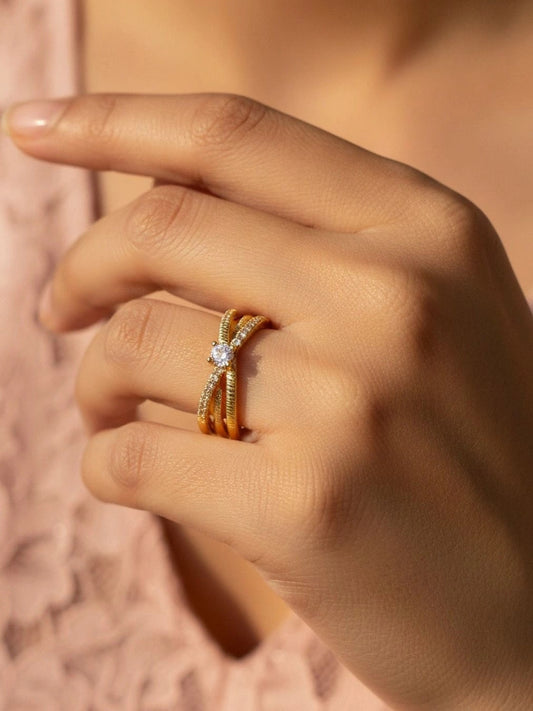Layered Pave Crossover Textured Stackable Diamond Ring