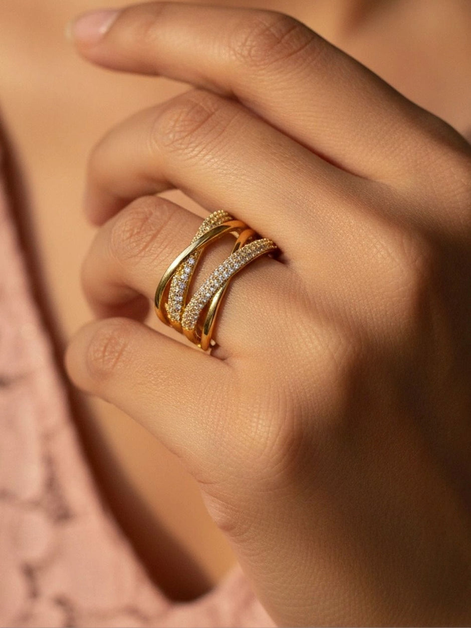 Crisscross Dual Pave & Polished Stackable Diamond Band Ring