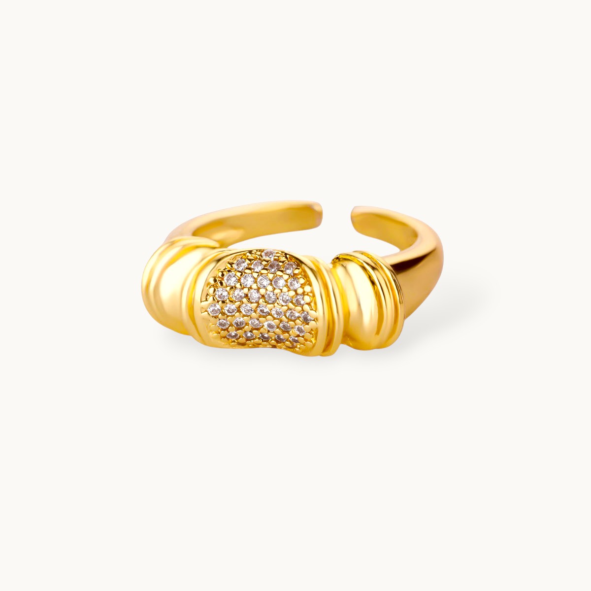 Chunky Segmented Pave Center Stackable Gold Plated Diamond Ring