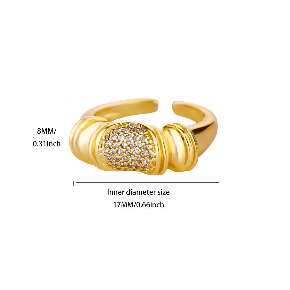 Chunky Segmented Pave Center Stackable Gold Plated Diamond Ring