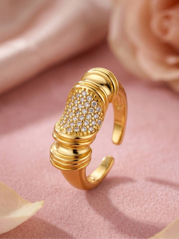 Chunky Segmented Pave Center Stackable Gold Plated Diamond Ring