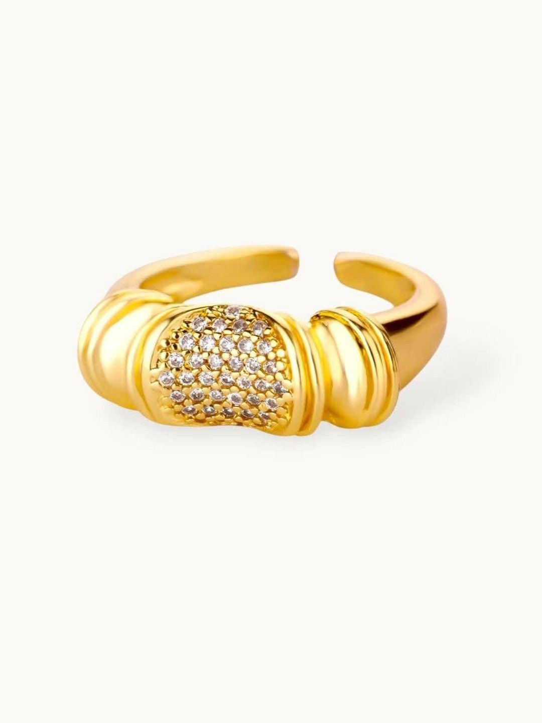 Chunky Segmented Pave Center Stackable Gold Plated Diamond Ring