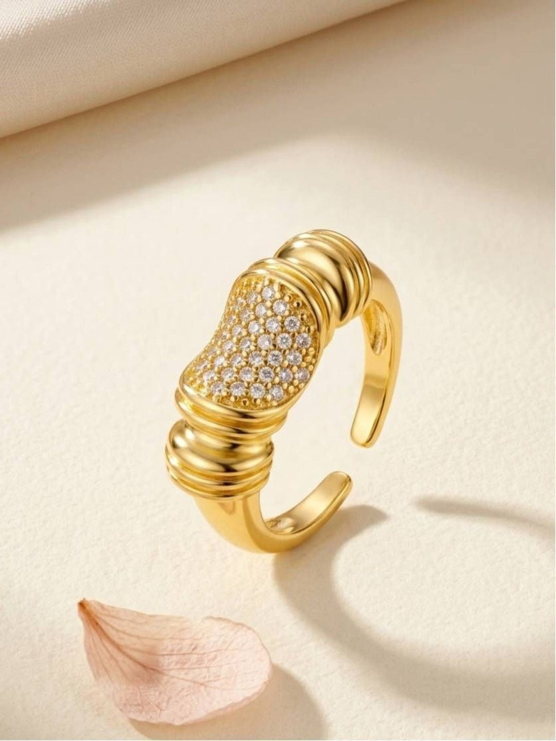 Chunky Segmented Pave Center Stackable Gold Plated Diamond Ring