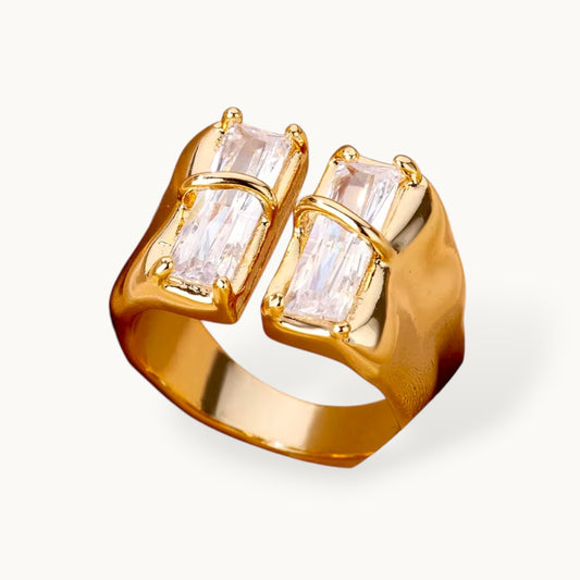 Bold Dual Baguette Cubic Zirconia Open Wide-Band Statement Diamond Ring