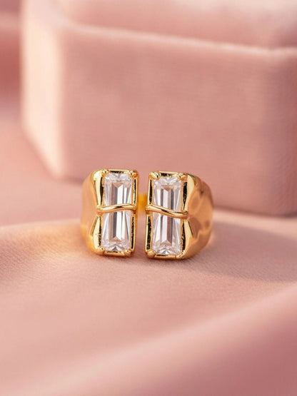 Bold Dual Baguette Cubic Zirconia Open Wide-Band Statement Diamond Ring