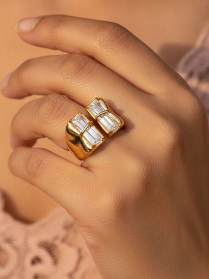 Bold Dual Baguette Cubic Zirconia Open Wide-Band Statement Diamond Ring