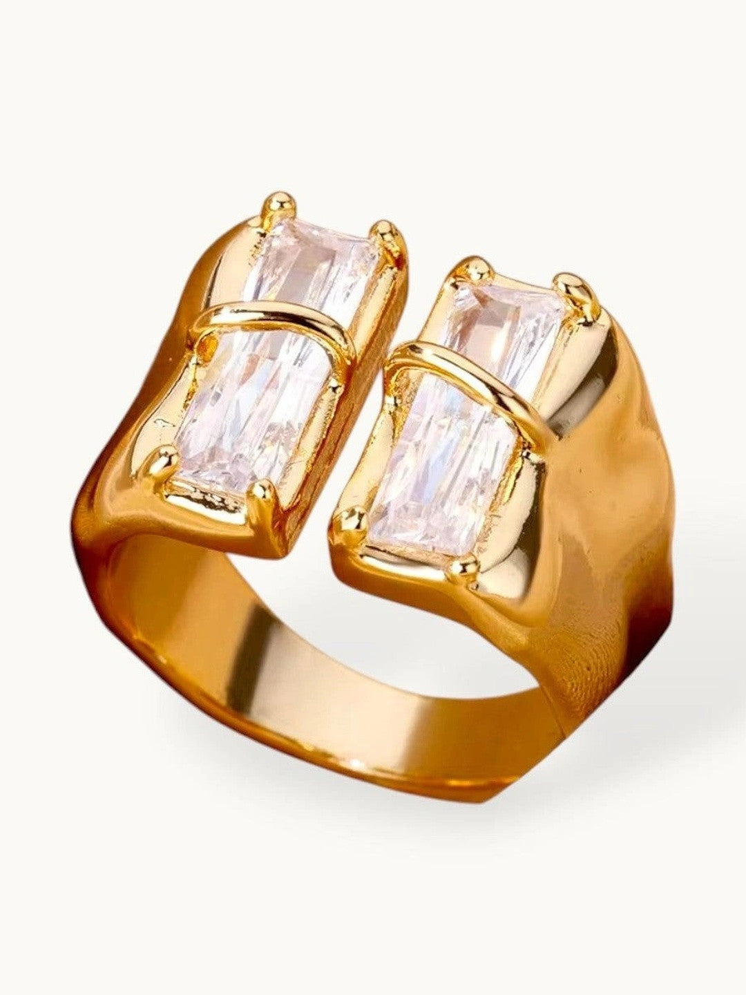 Bold Dual Baguette Cubic Zirconia Open Wide-Band Statement Diamond Ring