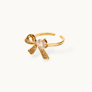 Delicate Pave Bow & Solitaire Adjustable Gold Plated Diamond Ring