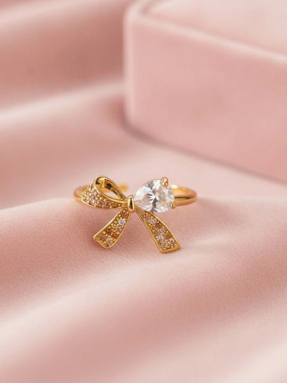 Delicate Pave Bow & Solitaire Adjustable Gold Plated Diamond Ring