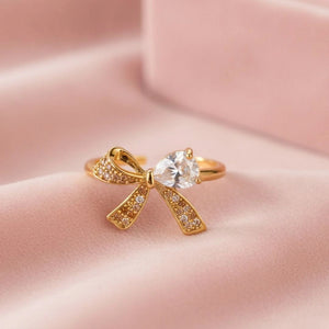Delicate Pave Bow & Solitaire Adjustable Gold Plated Diamond Ring