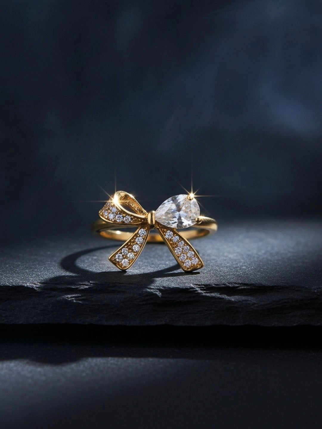 Delicate Pave Bow & Solitaire Adjustable Gold Plated Diamond Ring