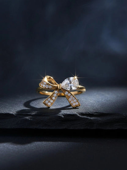 Delicate Pave Bow & Solitaire Adjustable Gold Plated Diamond Ring