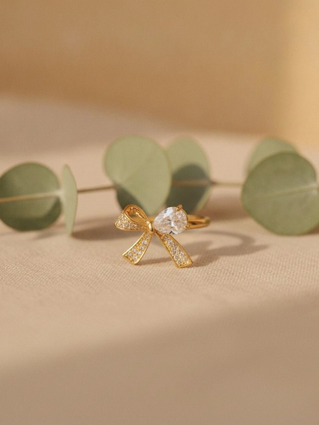 Delicate Pave Bow & Solitaire Adjustable Gold Plated Diamond Ring