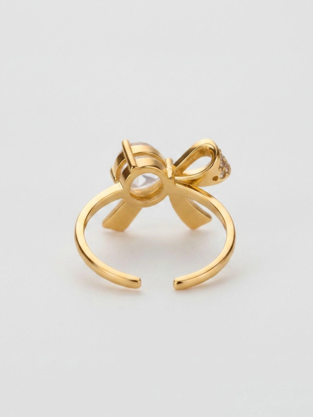 Delicate Pave Bow & Solitaire Adjustable Gold Plated Diamond Ring