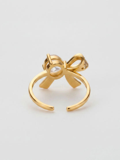 Delicate Pave Bow & Solitaire Adjustable Gold Plated Diamond Ring