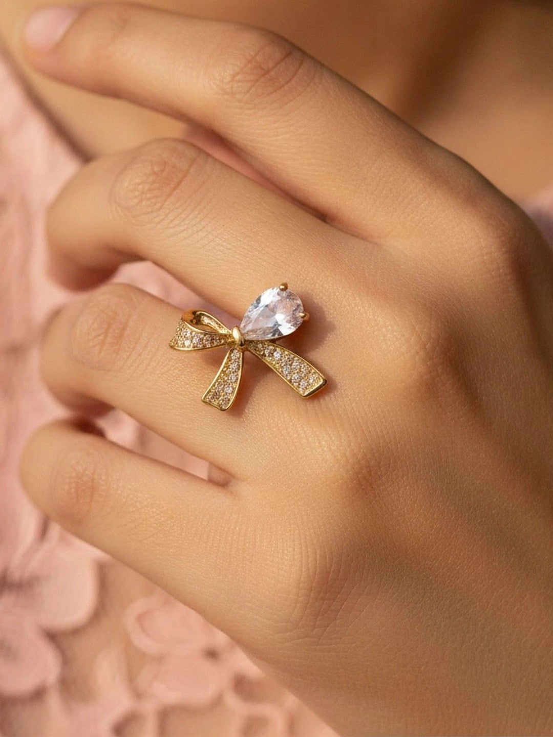 Delicate Pave Bow & Solitaire Adjustable Gold Plated Diamond Ring