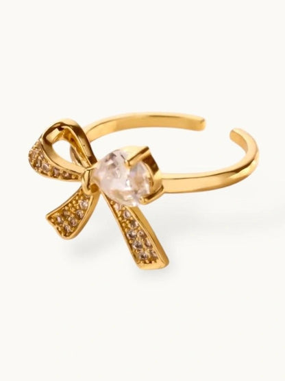 Delicate Pave Bow & Solitaire Adjustable Gold Plated Diamond Ring