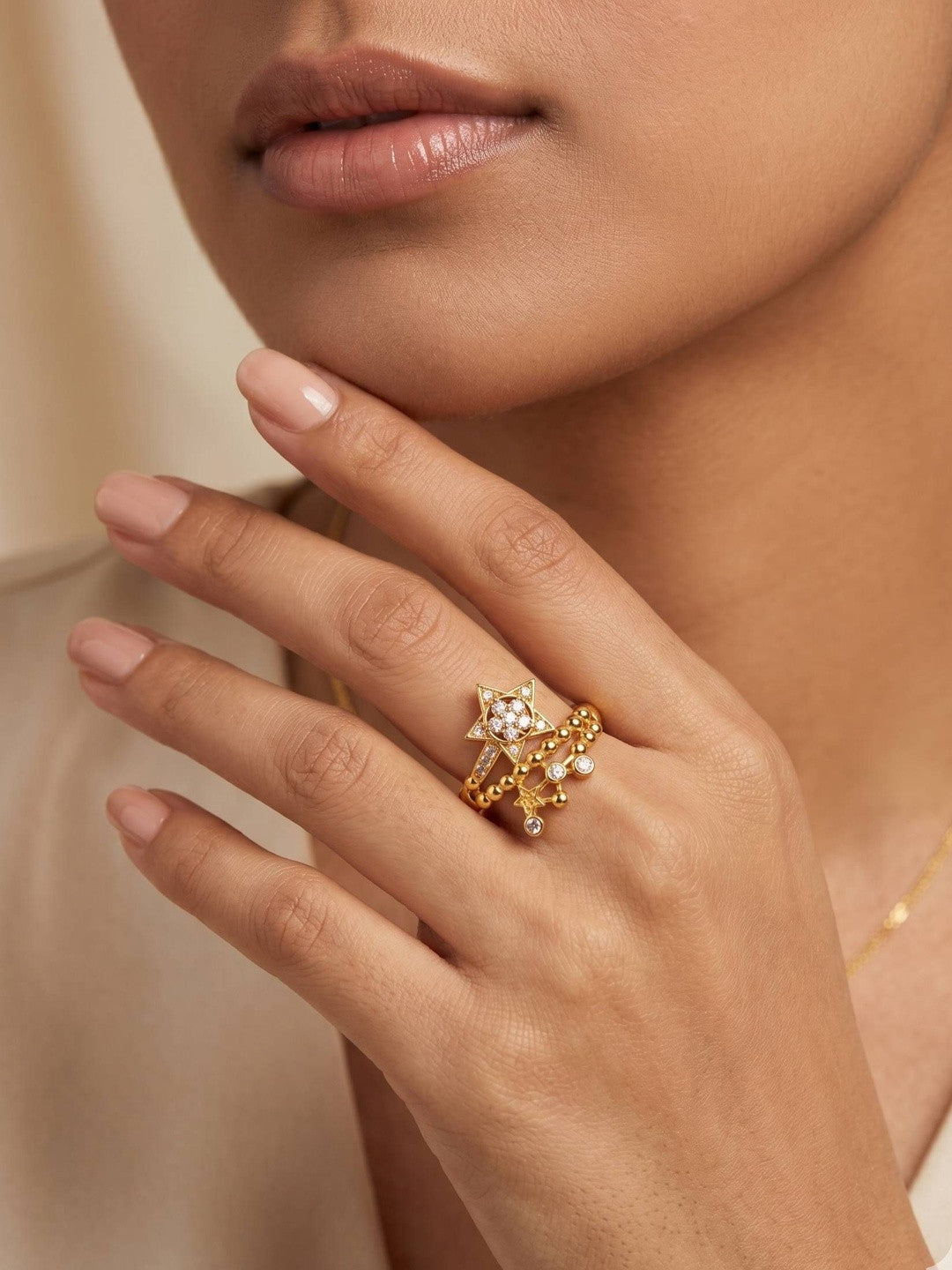 Dangling Pave Star & Beaded Celestial Diamond Ring
