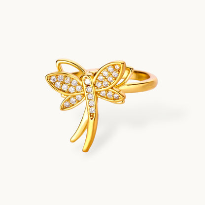 Delicate Pave Dragonfly Adjustable Gold Plated Ring