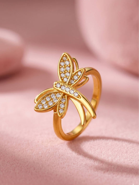 Delicate Pave Dragonfly Adjustable Gold Plated Ring