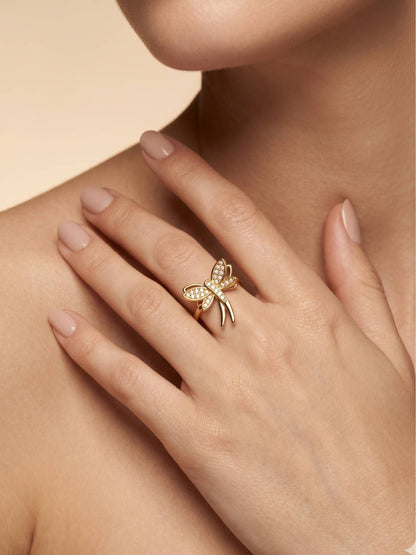 Delicate Pave Dragonfly Adjustable Gold Plated Ring