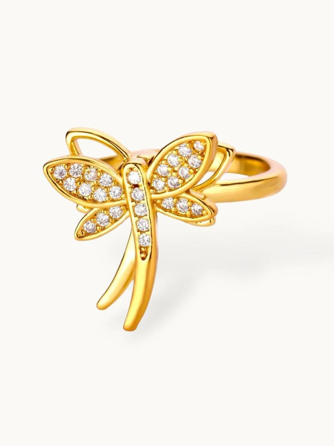 Delicate Pave Dragonfly Adjustable Gold Plated Ring